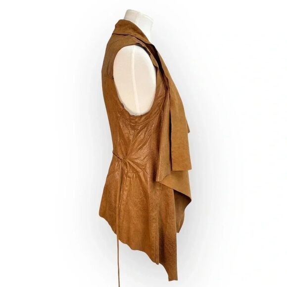 Comme USA Faux Suede Leather Vest, small. Belt tie wrap waterfall cowl brown tan - Picture 11 of 12